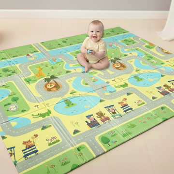 Extra Large Reversible Baby Play Mat, BPA Free Learning & Crawling Foldable Foam Mat (6x5 ft, 0.6cm Thickness) - Safari - Alphabets