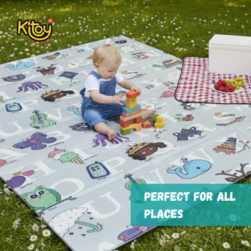 Extra Large Reversible Baby Play Mat, BPA Free Learning & Crawling Foldable Foam Mat (6x5 ft, 0.6cm Thickness) - Safari - Alphabets