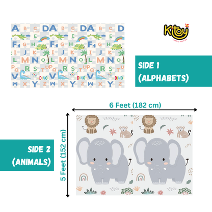 Extra Large Reversible Baby Play Mat, BPA Free Learning & Crawling Foldable Foam Mat (6x5 ft, 0.6cm Thickness) - Animals - Alphabets