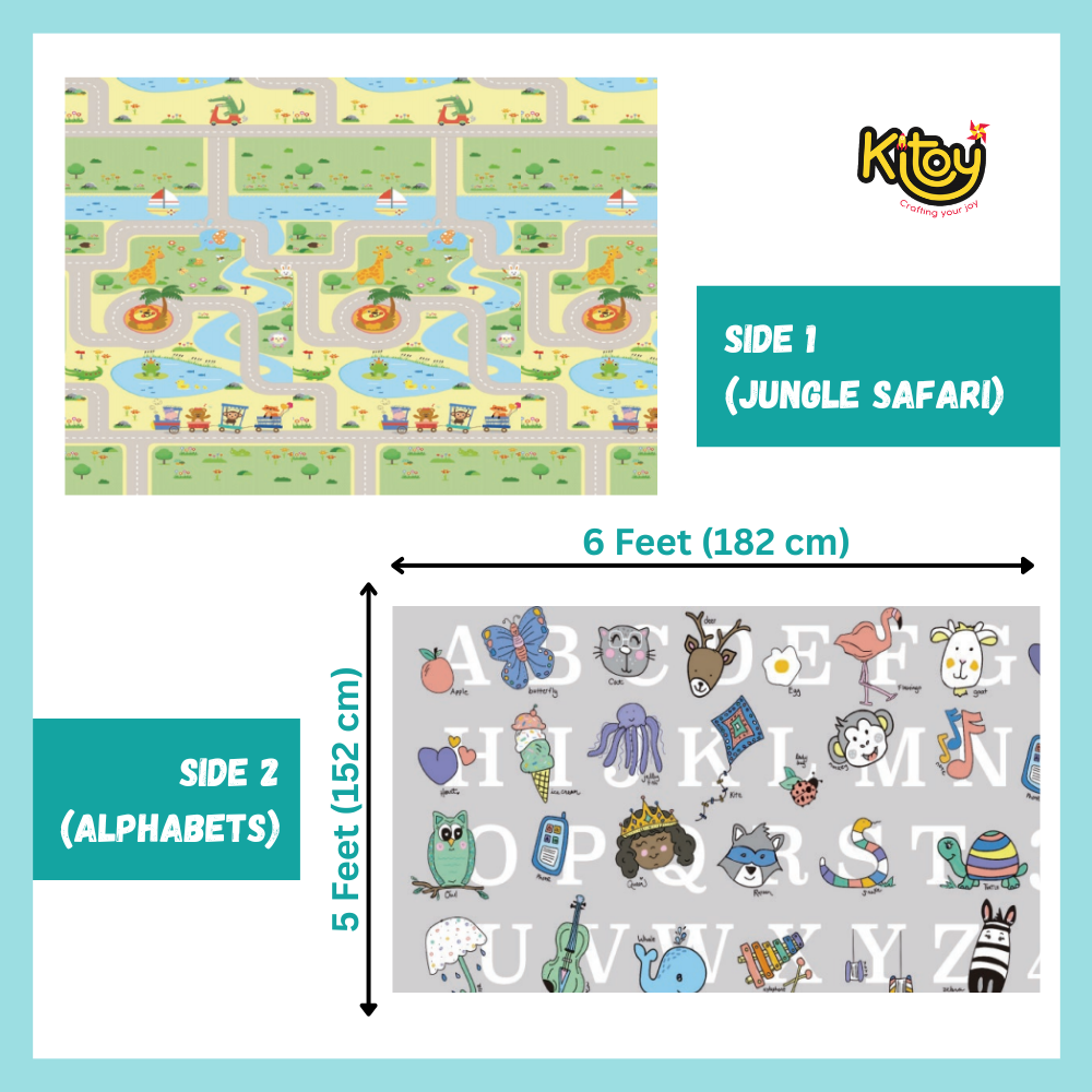 Extra Large Reversible Baby Play Mat, BPA Free Learning & Crawling Foldable Foam Mat (6x5 ft, 0.6cm Thickness) - Safari - Alphabets