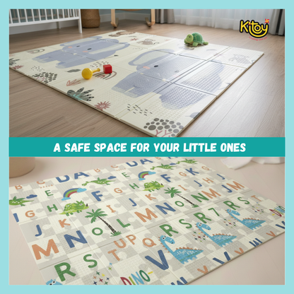 Extra Large Reversible Baby Play Mat, BPA Free Learning & Crawling Foldable Foam Mat (6x5 ft, 0.6cm Thickness) - Animals - Alphabets