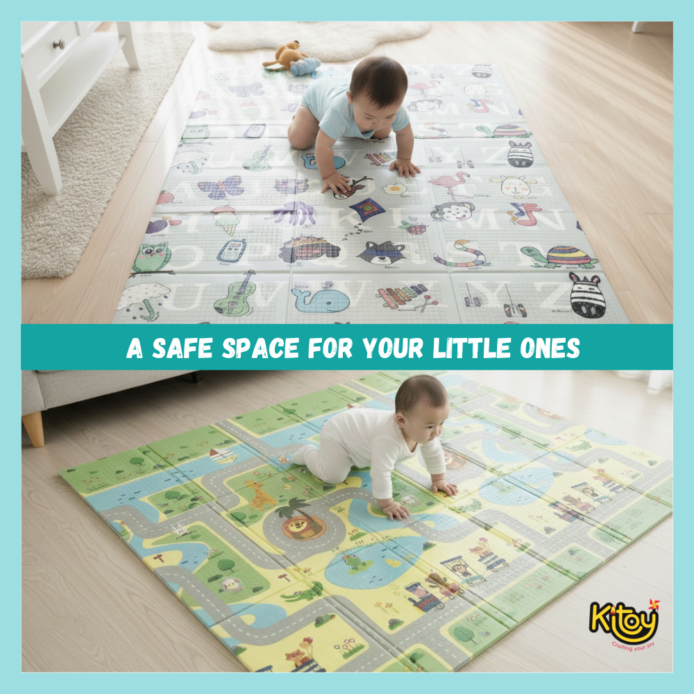 Extra Large Reversible Baby Play Mat, BPA Free Learning & Crawling Foldable Foam Mat (6x5 ft, 0.6cm Thickness) - Safari - Alphabets